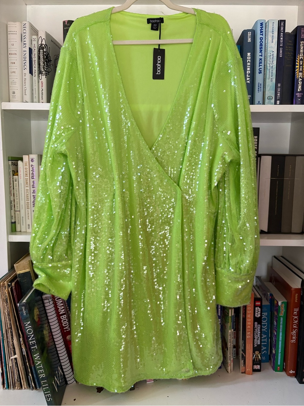 Boohoo Neon Lime Sequin Wrap-Front Tunic Top